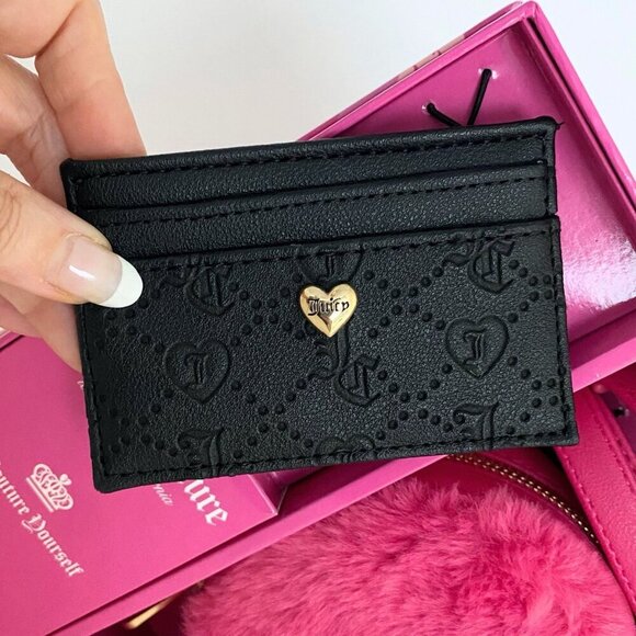 Juicy Couture Faux Fur Pink Heart Crossbody Bag & Black Card Case Wallet Set New - Picture 5 of 8
